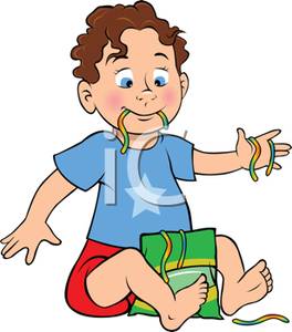 Toddler Boy Eating Gummy Worms   Clipart