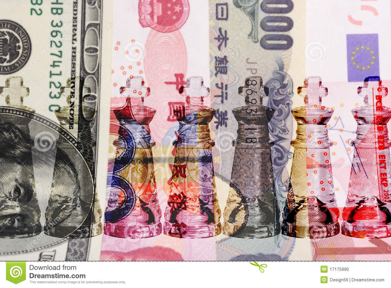 Cash Is King   Row Of Transparent King Chess Pieces On World Major