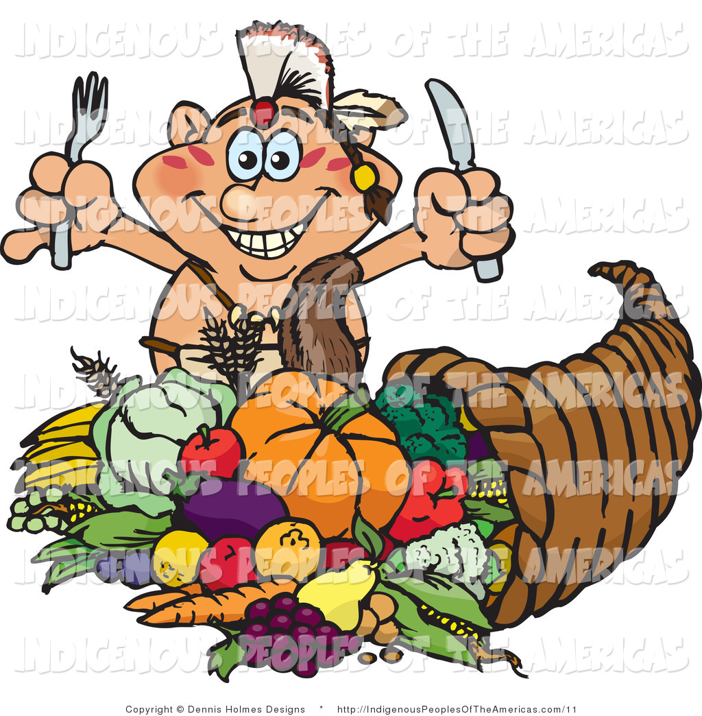 Vector Clipart Of A Thanksgiving Native American Man With Food And