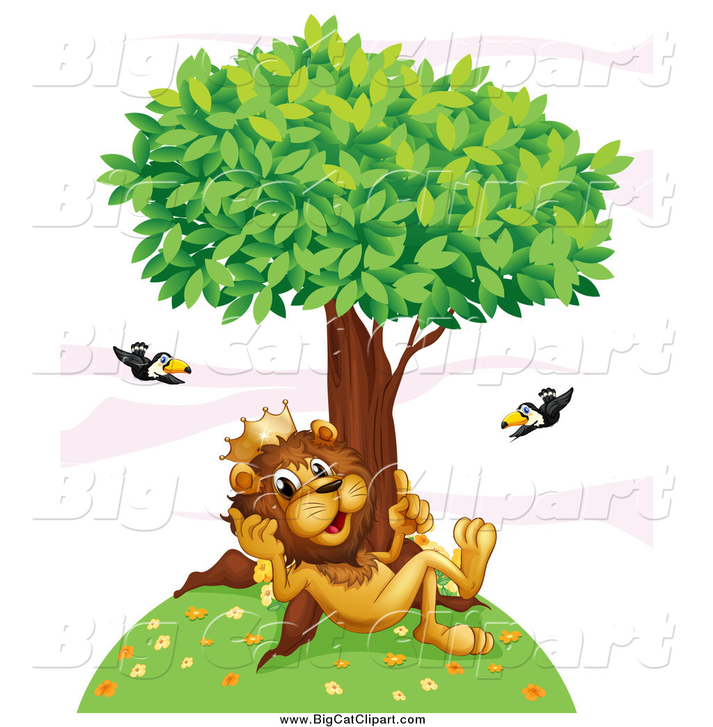 Big Cat Cartoon Vector Clipart Of A King Lion Thinking On A Hill Under    