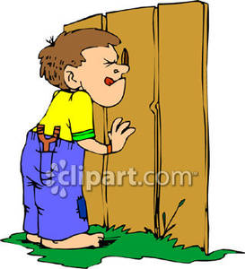 Boy Peeking Through A Hole In A Fence   Royalty Free Clipart Picture