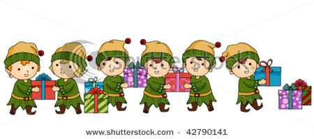 Christmas Elves Passing Gifts   Vector Clip Art Picture