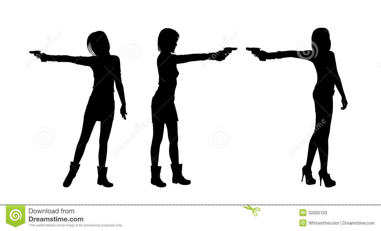 Three Silhouettes Of Young Beautiful Women Aiming With A Handgun