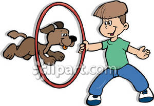 Dog Jumps Through A Hoop That A Boy Is Holding Royalty Free Clipart