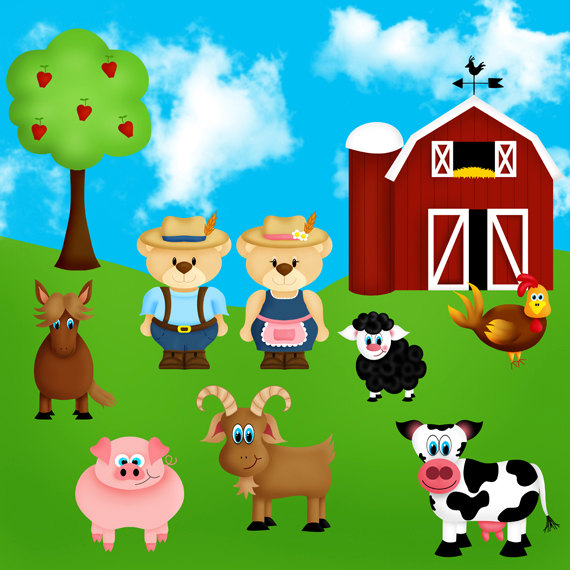 Farmyard Farm Animals Clip Art Set With Farmer Ted  Instant Download