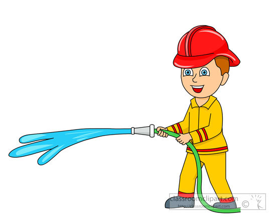 Fireman With Water Coming Out Of Fire Hose   Classroom Clipart