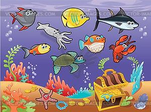 Family Of Funny Fish Under Sea   Vector Clipart