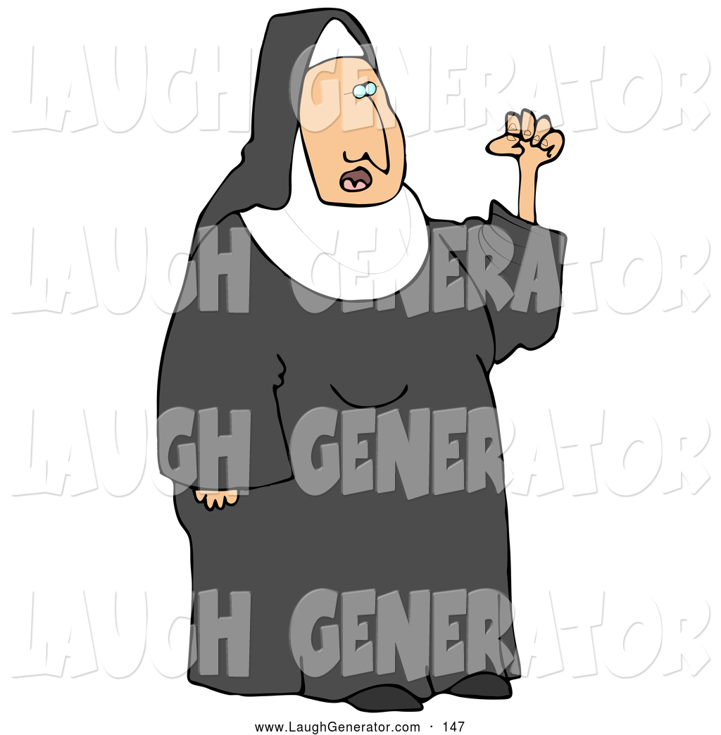 Humorous Clip Art Of A White Frustrated Nun In Black And White Waving