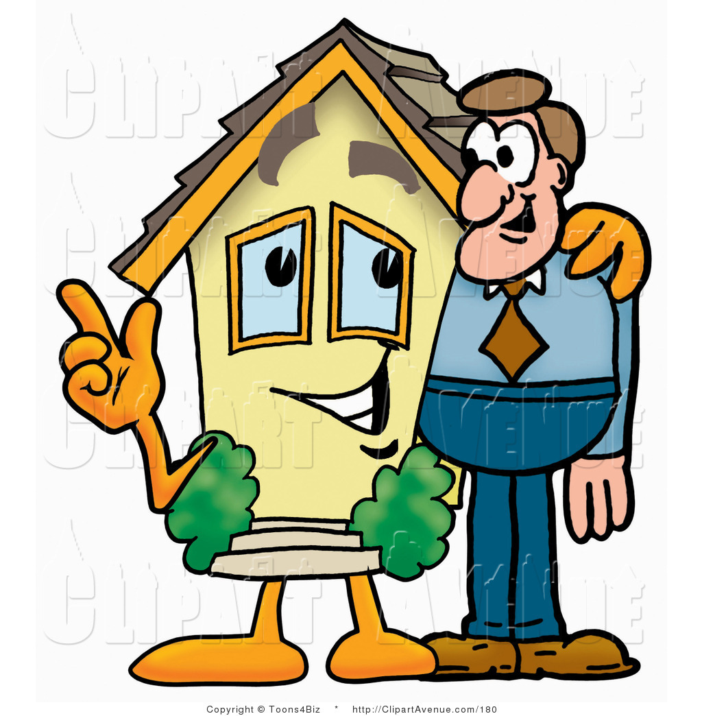 Clipart Of A Home Mascot Cartoon Character Talking To A Business Man