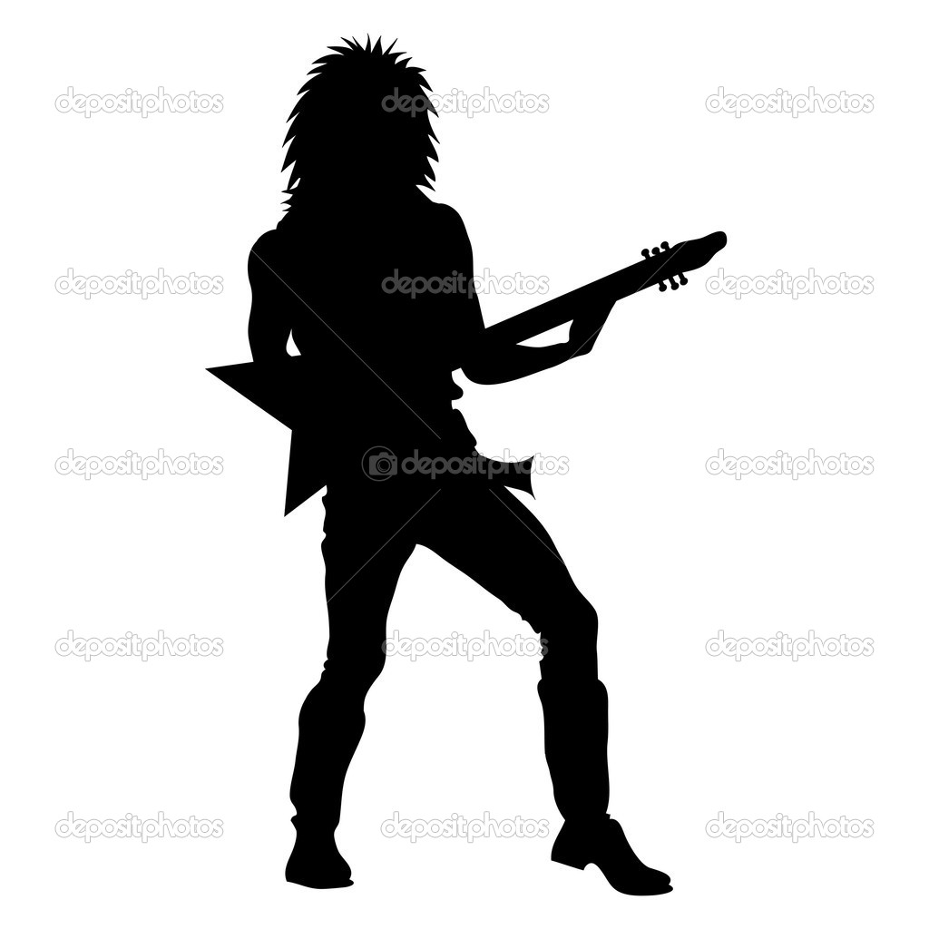 Clip Art Illustration Of A Rock Star Playing Guitar Silhouette   Stock