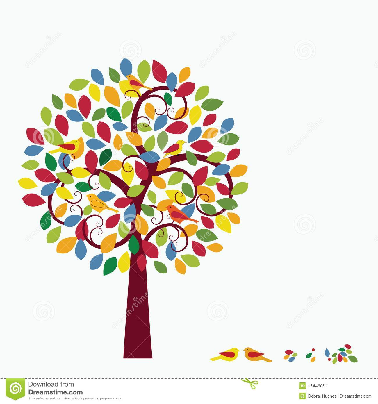 Multicolored Whimsical Tree With Coil Branches And Birds Nesting In