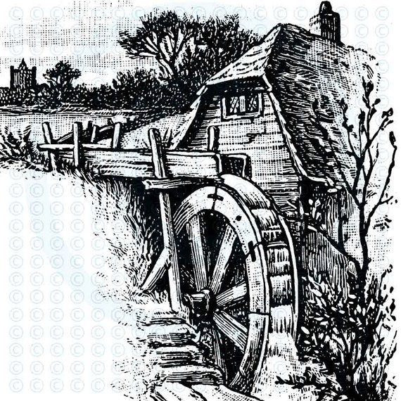 Waterwheel Gristmill Mill Barn Rural Scene Corners Individual Digital
