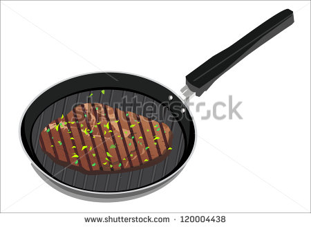 Tasty Beef Steak Grilling In A Cast Iron Ribbed Fry Pan Stock Vector