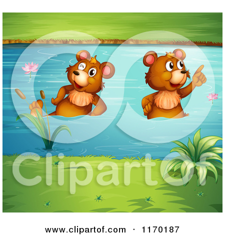 Of Two Bears Walking And Wading In Water   Royalty Free Vector Clipart    