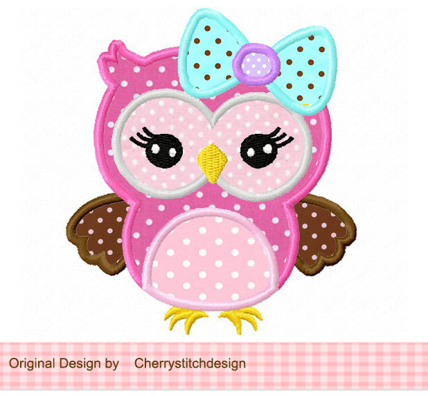 Cute Girly Owl With Bow Applique 4x4 5x7 By Cherrystitchdesign
