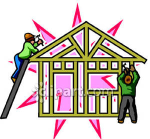 Two People Building The Frame Of A House   Royalty Free Clipart