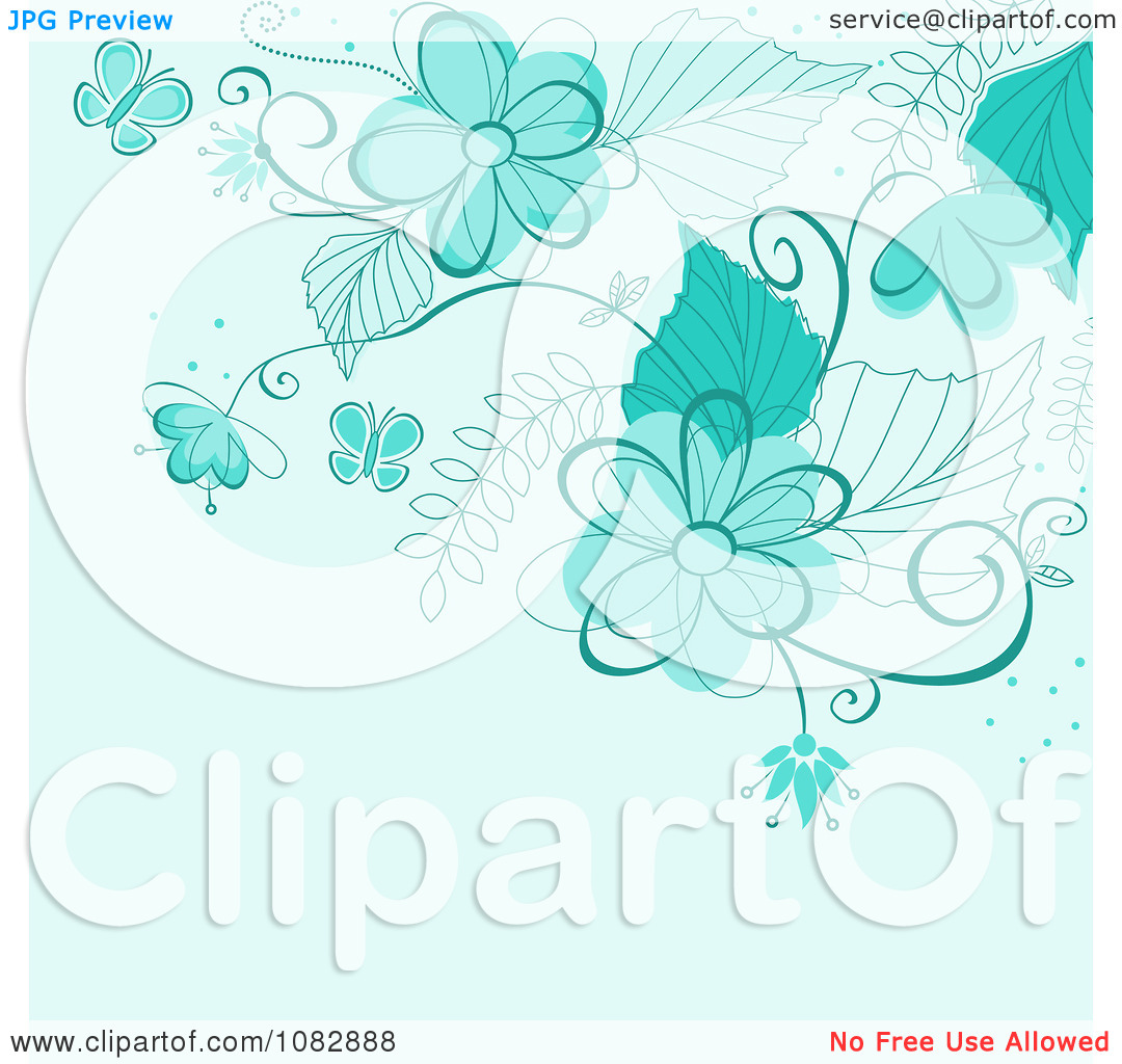 Clipart Blue Background With Turquoise Flowers Butterflies And