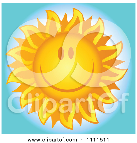 Clipart Cheerful Sun Grinning Over Blue   Royalty Free Vector