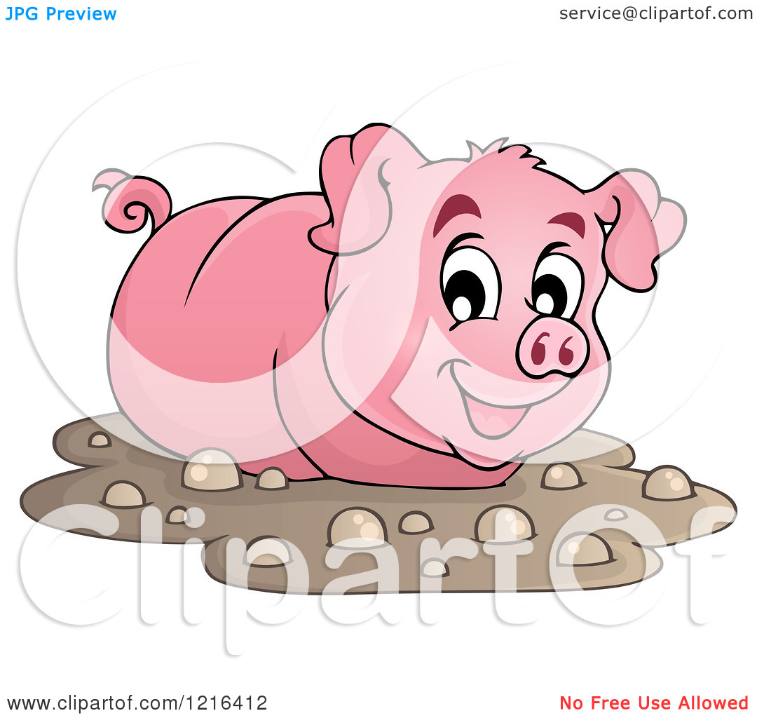 Clipart Of A Happy Pig Wading In Mud   Royalty Free Vector