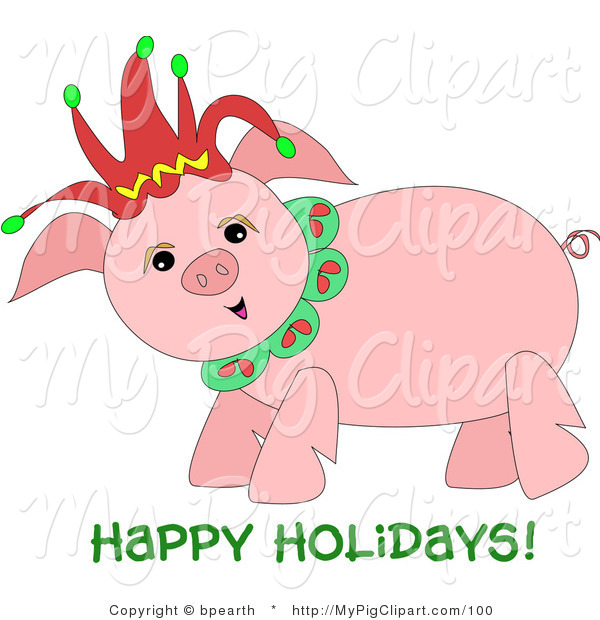 Swine Clipart Of A Happy Chubby Pig Wearing A Christmas Jester Hat