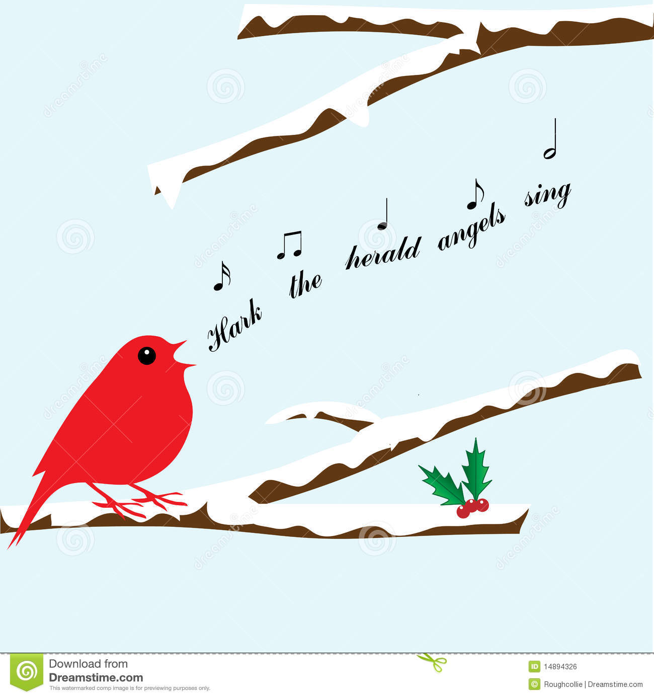 Bird In Snow Covered Tree Singing Hark The Herald Angels Sing Clipart