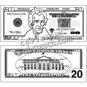Clip Art  Twenty Dollar Bill Outline  Coloring Page    Preview 1