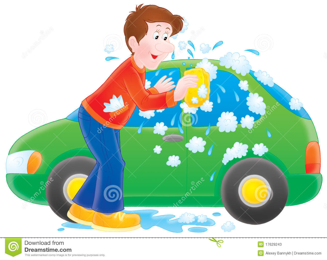 Isolated Clipart Illustration Of A Man Cleaning His Green Car
