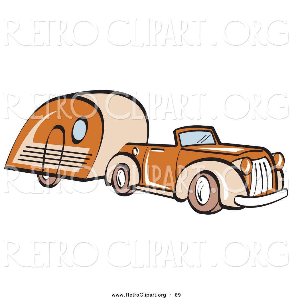 Larger Preview  Retro Clipart Of An Orange Convertible Car Pulling A