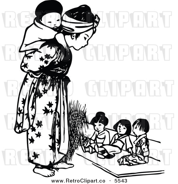 Vector Clipart Of A Retro Black And White Asian Girl And Tiny Children