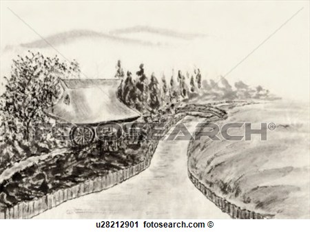 Clipart   River And Water Mill Ink Painting Vignette  Fotosearch