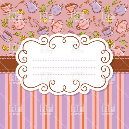 Curly Frame On Background With Tableware And Stripes   Invitation