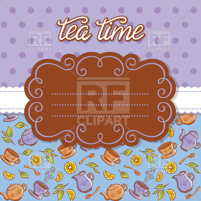 Purple Tea Party Invitation   Curly Frame On Green Background With