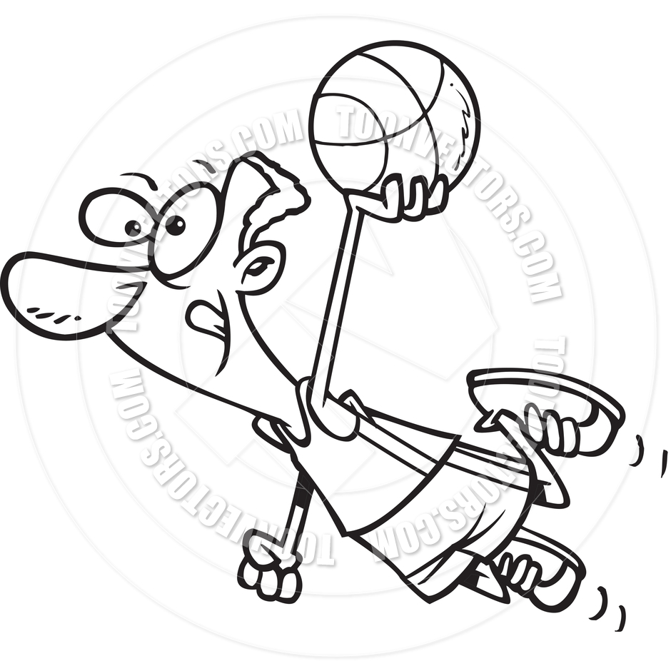Cartoon Basketball Player Dunk  Black And White Line Art  By Ron