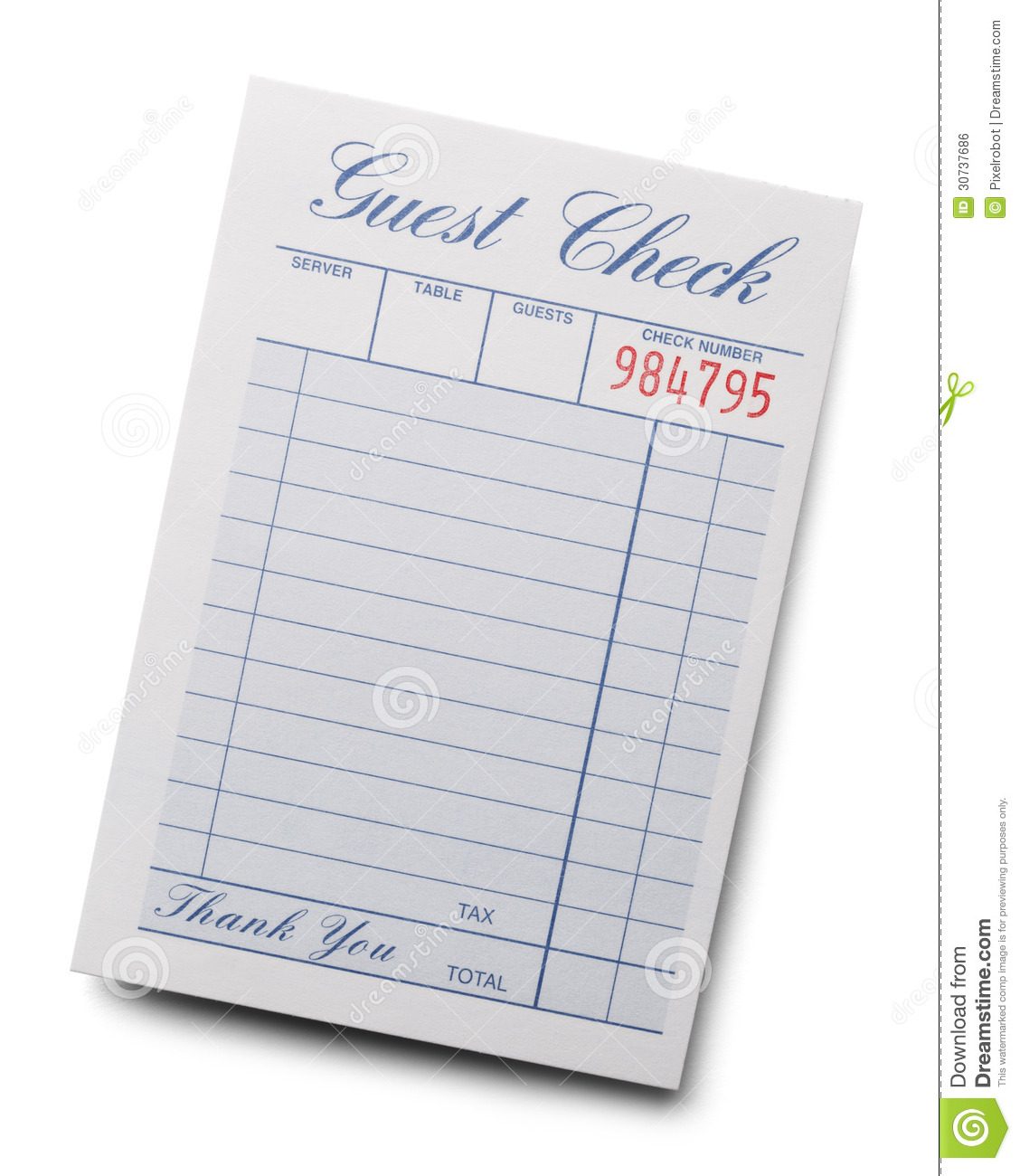 Blue And White Resturant Receipt Check Isolated On A White Background
