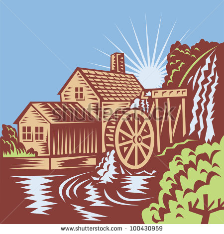 Illustration Of A Water Wheel Mill House Watermill With Flowing River