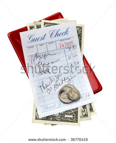 Restaurant Bill Dollars And Change Shot On Red Tray   Stock Photo