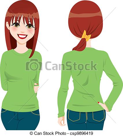 Of Beautiful Auburn Hair Girl Wearing Green Tight Long Sleeve T Shirt