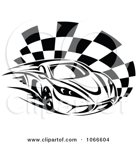 Clipart Black And White Race Car And Checkered Flag 1   Royalty Free    