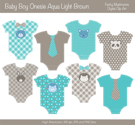 Clipart   Baby Boy Onesie Light Brown Aqua Blue Animal Faces Bow Tie