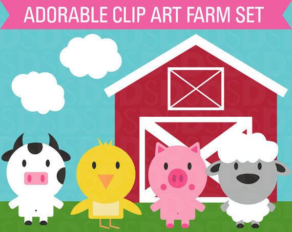 Clipart Farm Animal Set Barn Cow Chicken Sheep Pig Commercial Use    