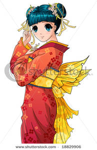Cute Anime Girl In A Red Kimono Clipart