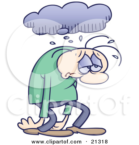Sad And Depressed Gloomy Man Sulking And Walking Under A Rain Cloud