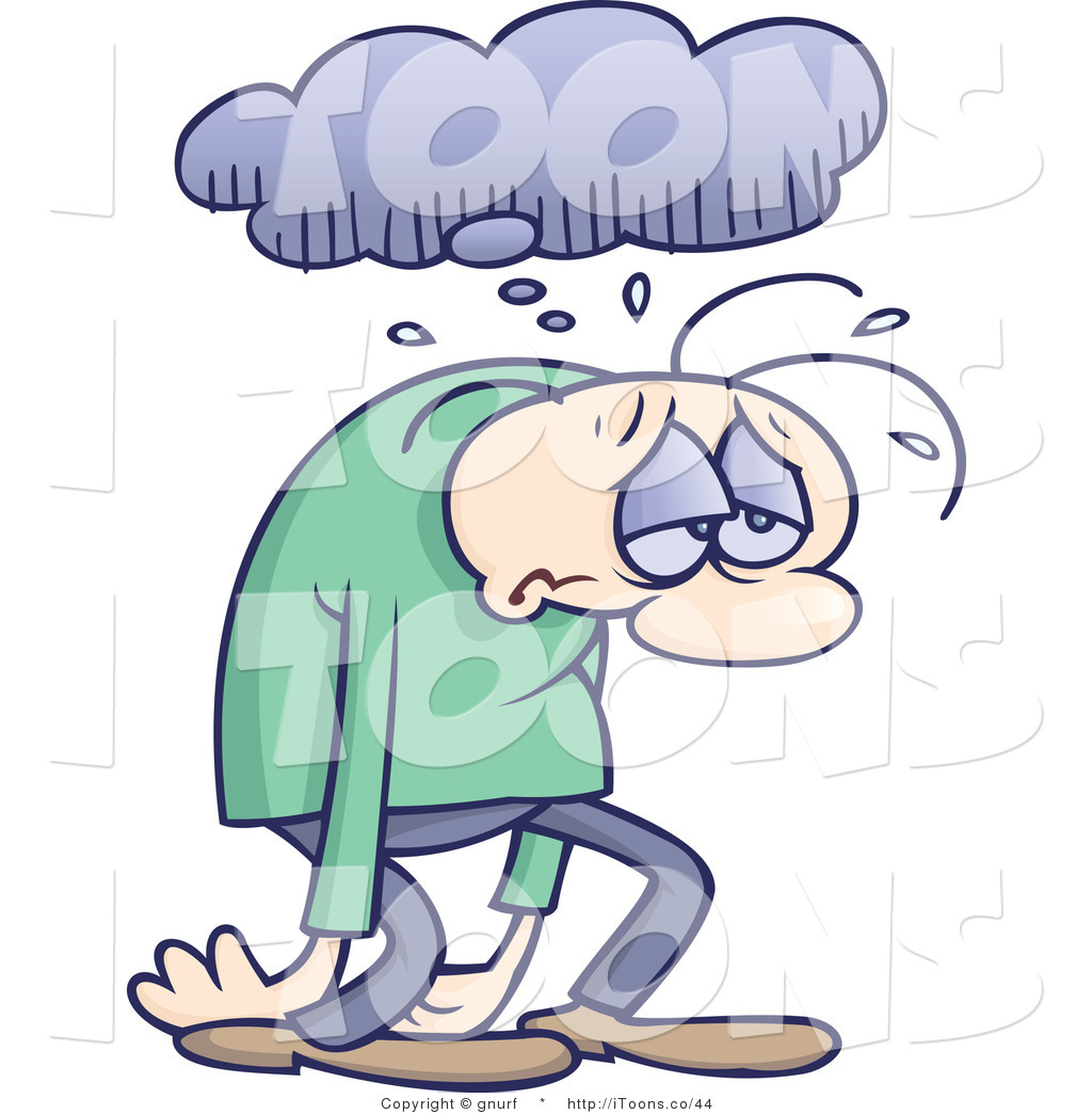 Vector Clip Art Of A Gloomy Man Sulking And Walking Under A Rain Cloud