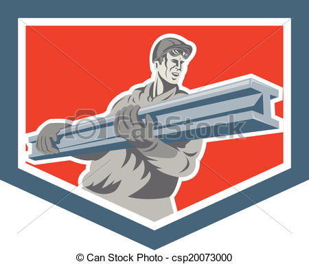 Construction Steel Worker Carrying I Beam Shield Retro   Csp20073000