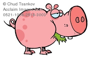 Clipart Image Of A Bored Pink Pig Eating Grass   Acclaim Stock
