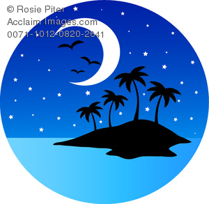 Clipart Image Of A Silhouetted Island At Night Time With A Crescent