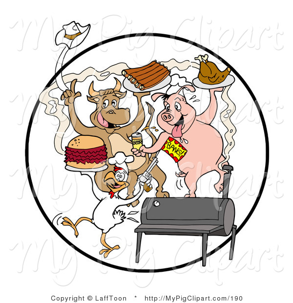 Clipart Of A Happy Cow Pig And Chicken Celebrating At A Bbq Eating
