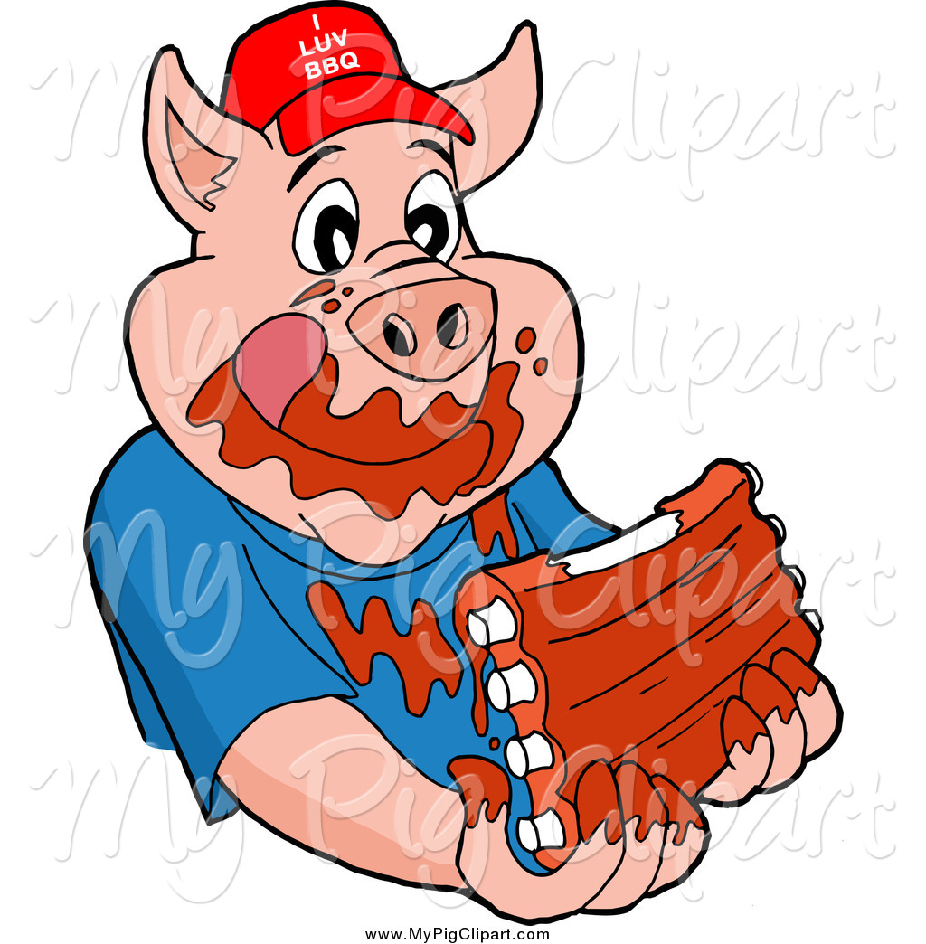 Larger Preview  Swine Clipart Of A Hungry Pig Wearing A Hat And Eating