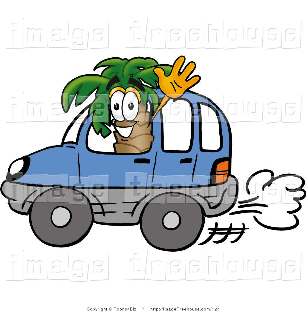 Palm Tree Mascot Cartoon Character Driving A Blue Car And Waving Hello
