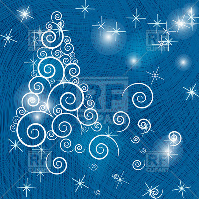 Stylish Christmas Tree Made Of Curls On Blue Abstract Background    